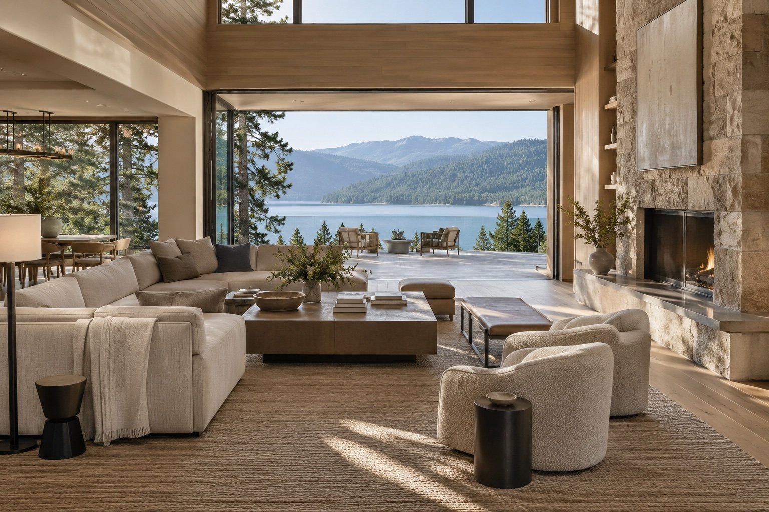 A lake house living room with a stone fireplace, open glass walls and the lake beyond